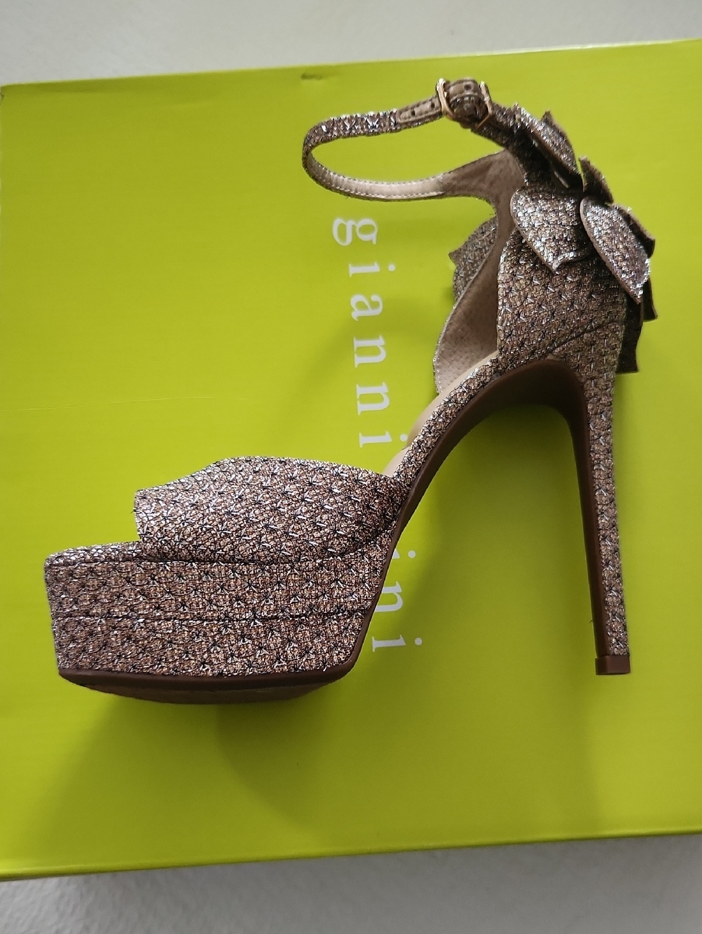 Gianni Bini Karmello Sparkle Flower Ankle Strap Platform Dress Sandal In Bronze